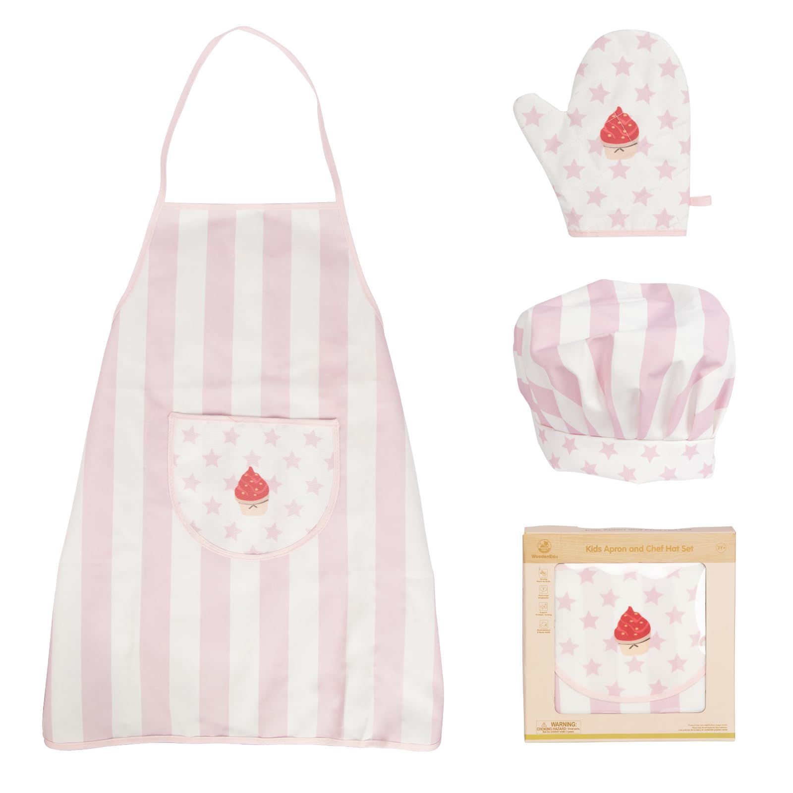 WOODENFUN Children's Apron Set with Chef Hat, Star Pattern Cooking Gloves, Pink