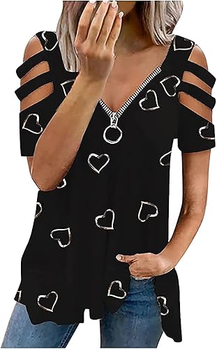 JEGULV Camisetas de verano con hombros descubiertos para mujer, de moda, con encaje, casual, túnica, ajuste holgado, con cremallera, cuello en V