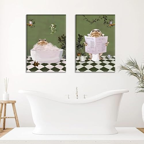 Miniatura 5 de 2 piezas de arte de pared de rana de baño, creatividad, estética, maximalista, verde, pósteres de imágenes de rana en la bañera, pintura en lienzo,