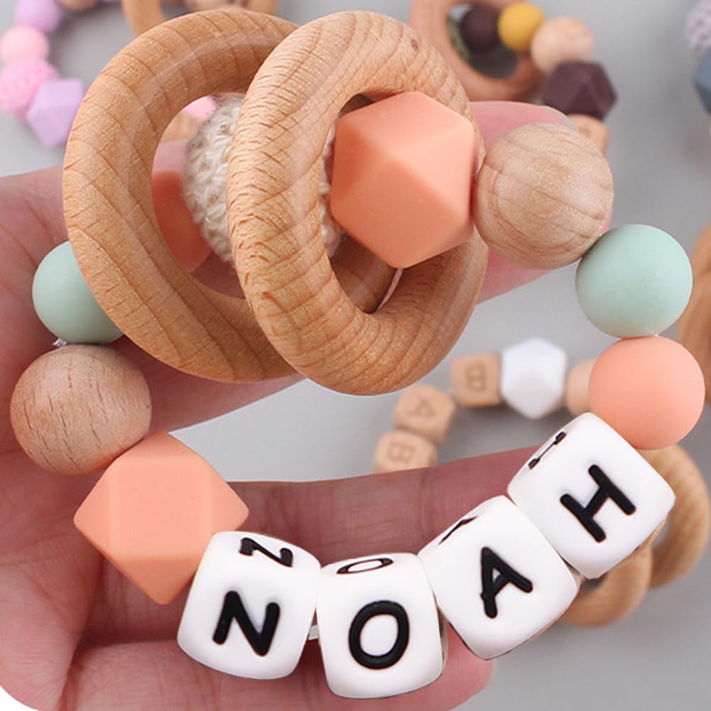 Personalized Baby Rattle Ring with Name,Custom Silicone Bracelet Rings Stroller for New Baby Newborn Shower Gift (Wooden Rings)