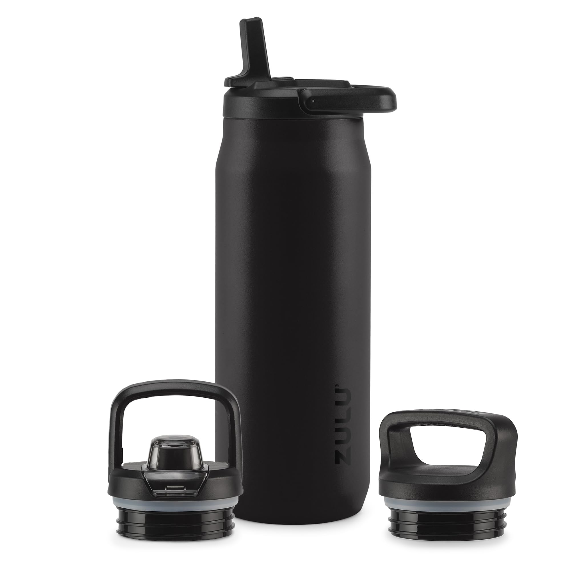 Base 32oz Stainless Steel Water Bottle with 3 Lids- Straw, Chug, Twist | Double Walled and Vacuum Insulated Metal Thermos | For Gym, Outdoor, Built in Carry Loop, Dishwasher Safe, Black