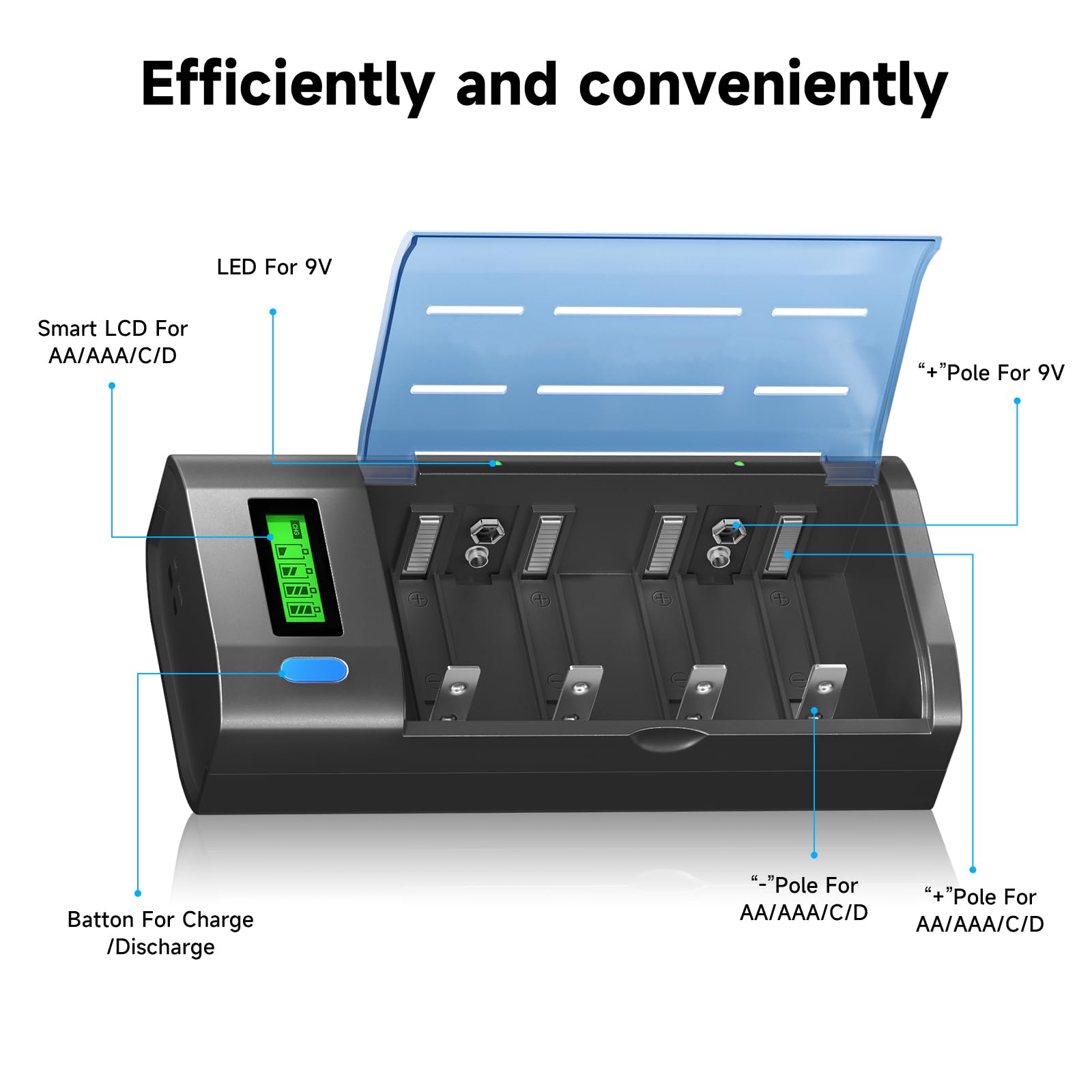 Lot de 4 piles D avec chargeur universel pour piles rechargeables AA AAA C D 9 V NiMH NiCD, fonction de décharge et écran LCD, charge rapide (micro USB ou type C)