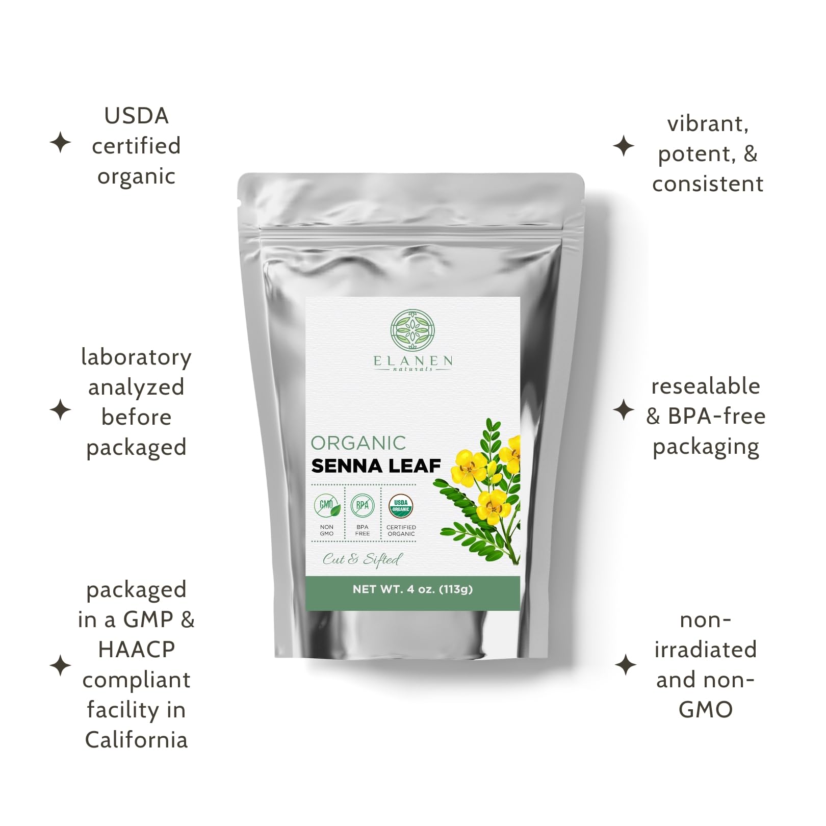 Amazon.com : Elanen Naturals Organic Senna Leaf 4 oz. (113g), USDA