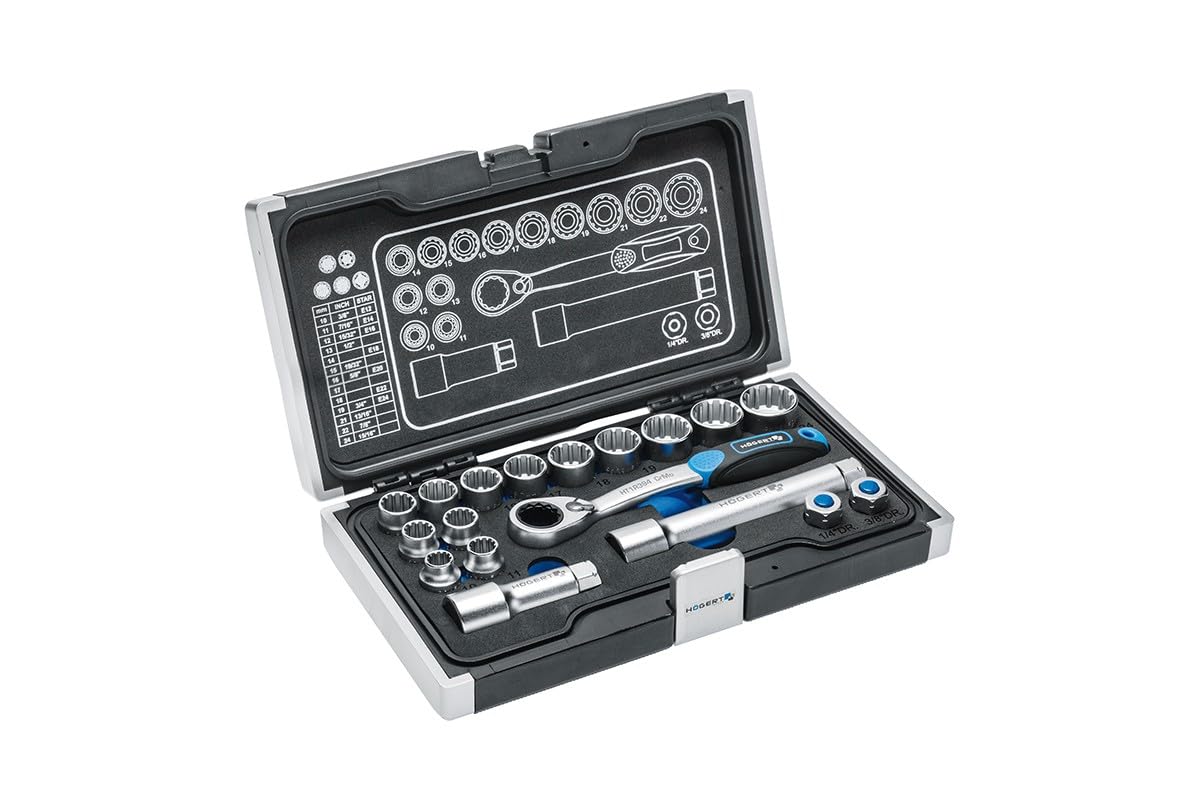 Högert Technik Black/Blue - 18 Piece Tool Set Tool Case Socket Wrench And Accessory Set, Cr-V, Deformation-Resistant, Ratchet Mechanism With 60 Pawls Set For Diy Enthusiasts Garage, Household