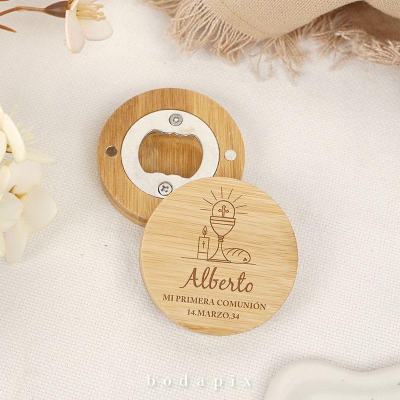 Abridores de Bambú Magnéticos con Mensaje | Abrebotellas para Regalo de Comunión, Bautizo, Boda | Detalle personalizado para Invitados | Bodapix (25)