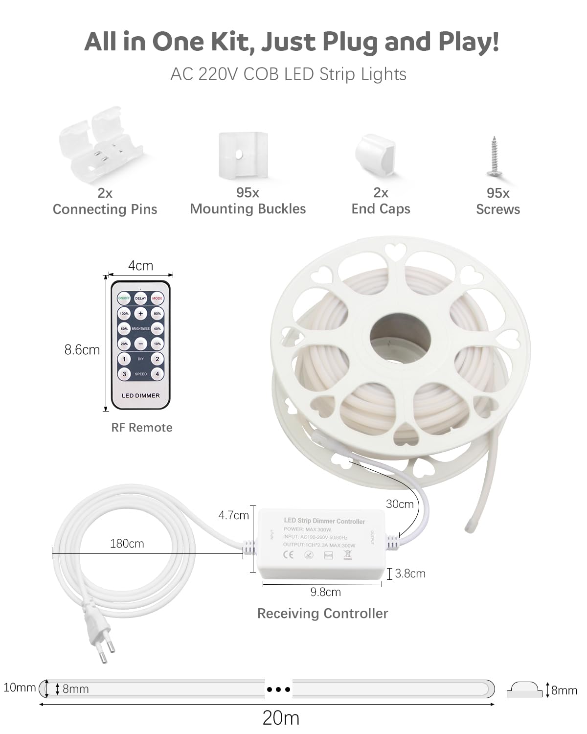ALITOVE COB LED Streifen 230V Dimmbar Warmweiß 3000K Flexibler 20M COB 5760LEDs Lichtstreifen mit RF-Fernbedienung für Heimwerker-Innenbeleuchtung Heimdekoration