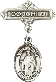 Sterling Silver Baby Badge with St. Justin Charm and Godchild Badge Pin 1 X 5/8 inches