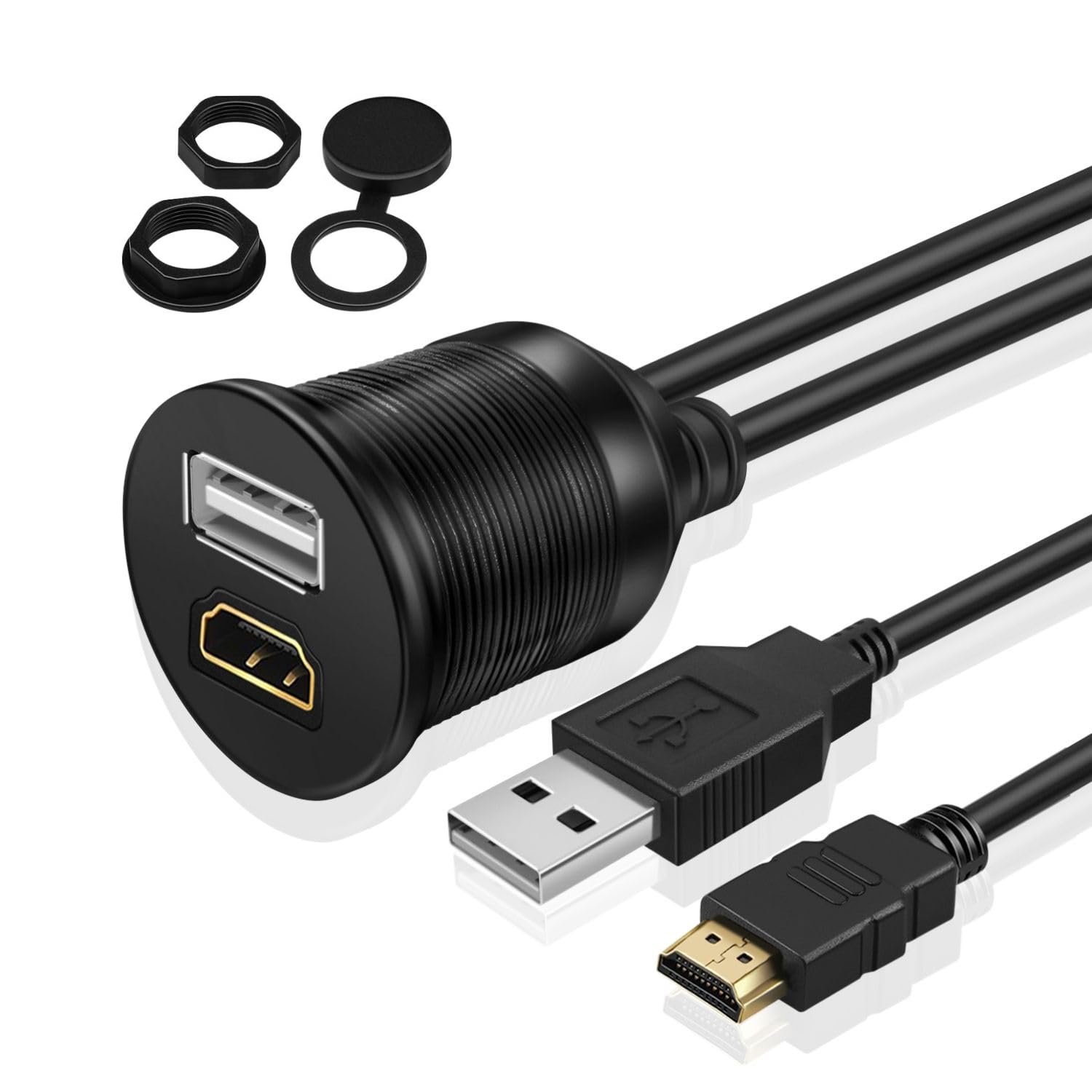 TNP USB HDMI Flush Mount Cable - Dashboard Panel Dash Mount USB + HDMI Port Socket Jack Plug Water Resistant Connector Extension Wire Cord for Car Truck Trailer Boat Motorcycle & More (1M / 3FT)