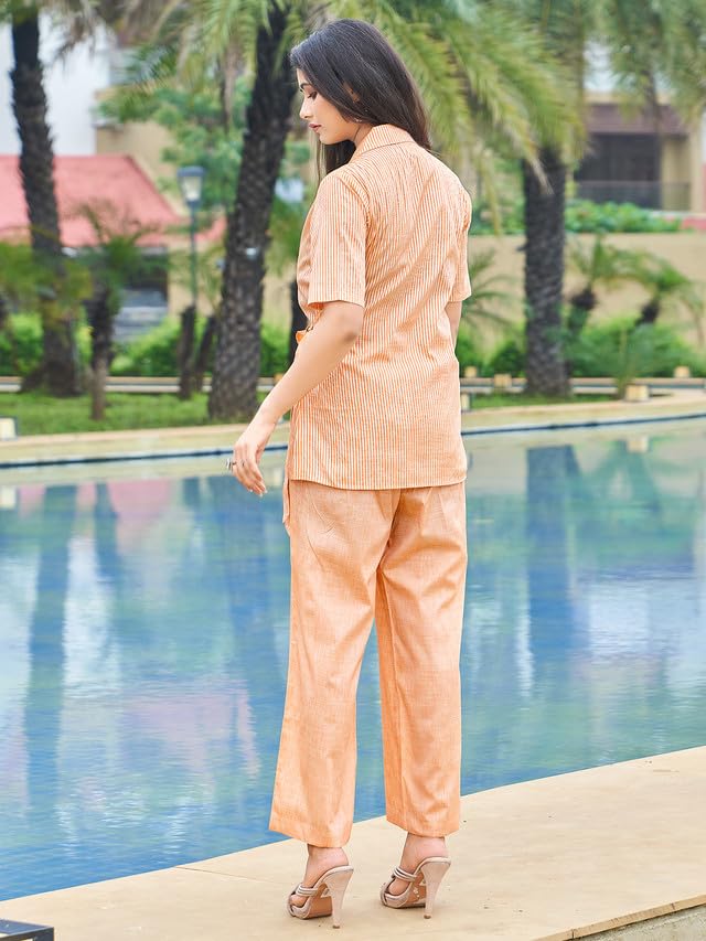 Selvia Women's Half Sleeve Silk Blend Collared Neck 2 Piece Co-Ords Set (555Tk582N-Xs_Orange)