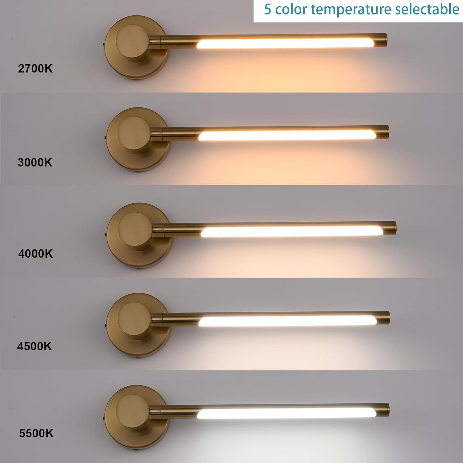 20 Inch LED Indoor Wall Sconce Modern Interior 15W 2700K-5500K Dimmable Brushed Brass Vanity Wall Light Adjustable Gold Sconces Wall Mounted Lighting Fixture for Bathroom Bedroom Living Room