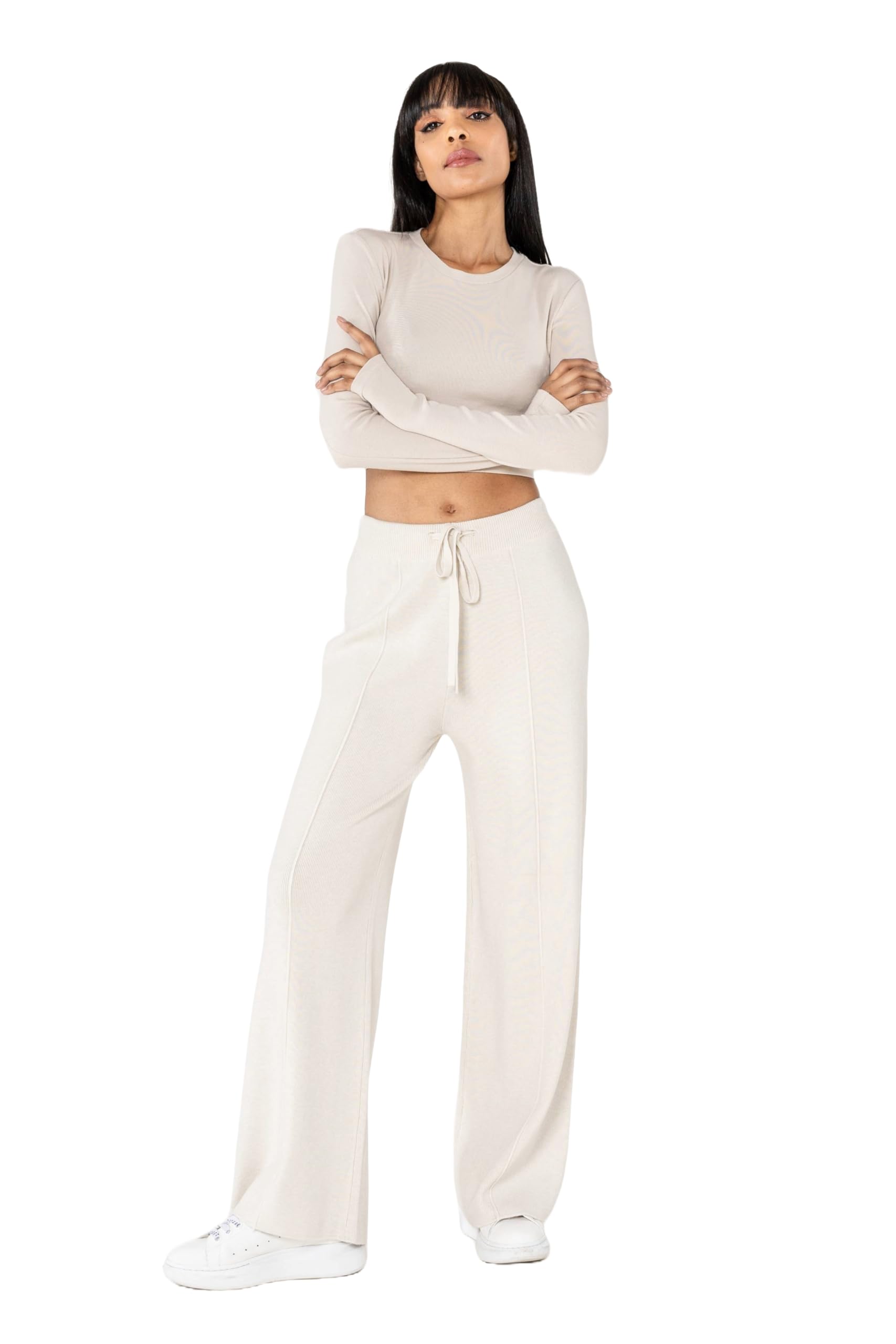 Nina Carter F025 Damen Strickhose – Gestrickte Freizeithosen Bequeme Hose mit Ausgestellter Beinform Elastischem Bund Verstellbarem Kordelzug