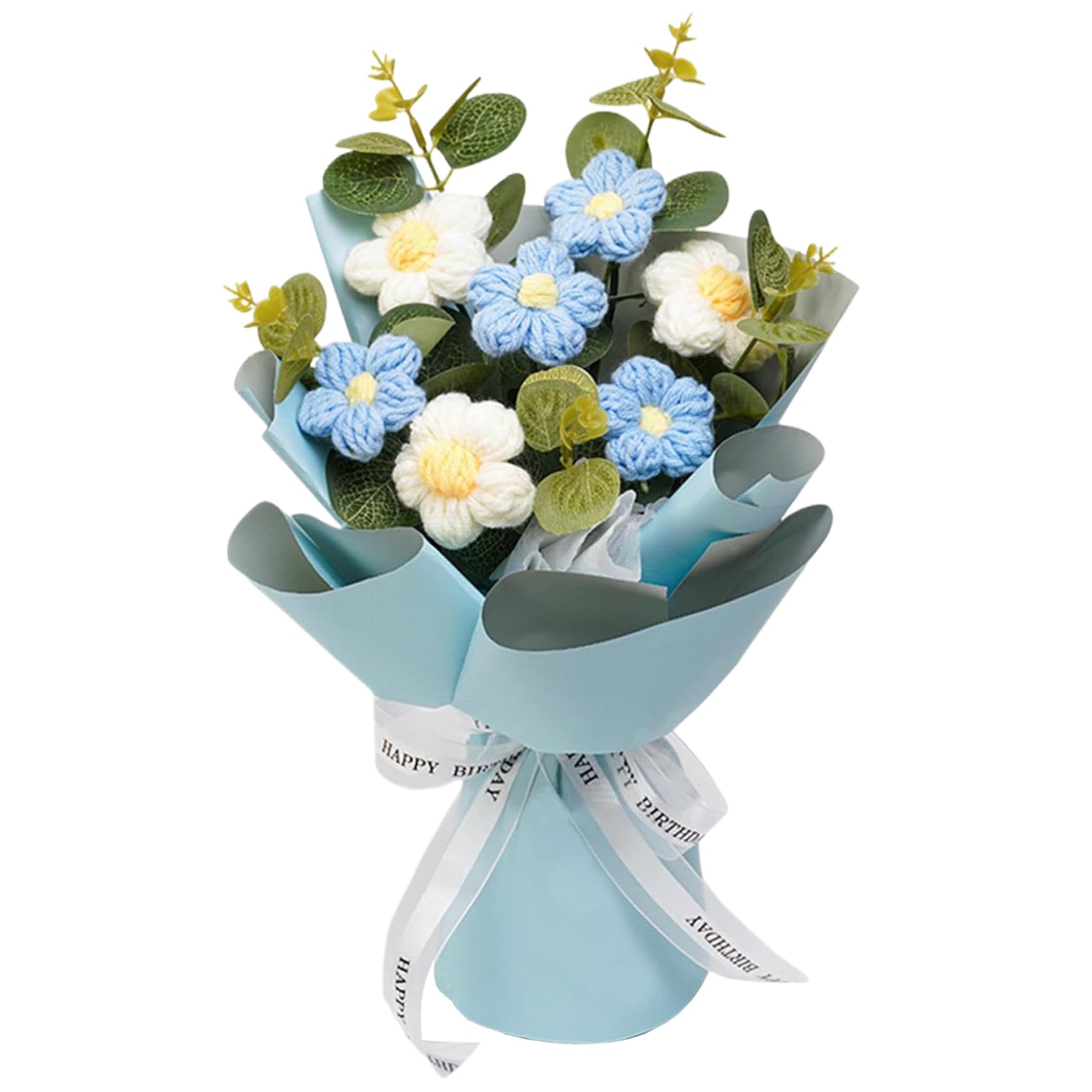 Bouquet de fleurs au crochet bleu 9x13 art floral tricoté maison décoration durable