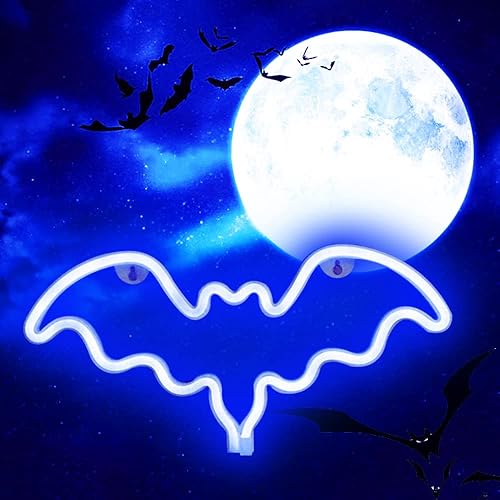 Vicila Bat Neon Signs Halloween Night Lights, LED Neon Lights Spooky Gifts Bat Shape Lamp for Wall, Festival, Party Teens Bedroom Decor-Bat(Blue) - Blue