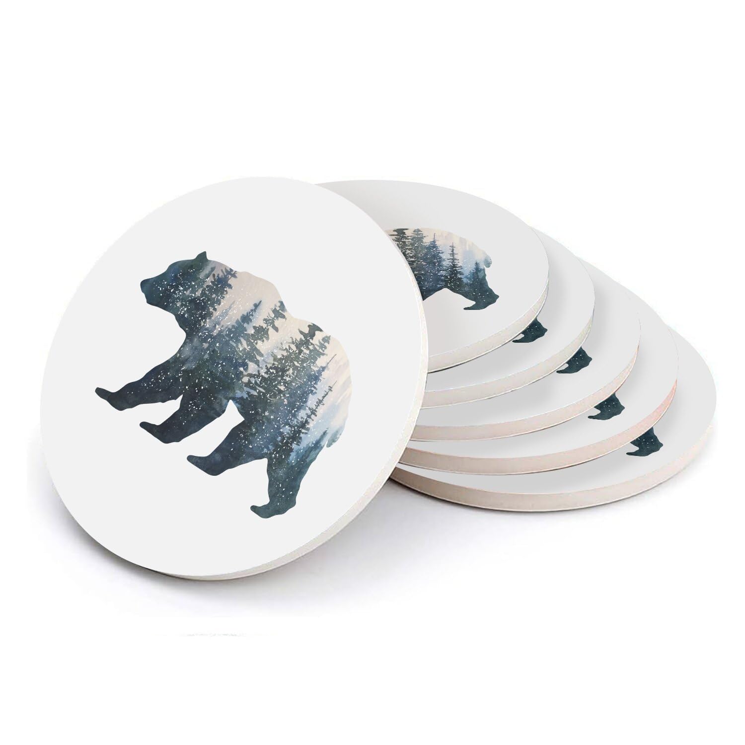 Sous verre ronds en céramique premium avec peinture aquarelle ours et forêt détails encre
