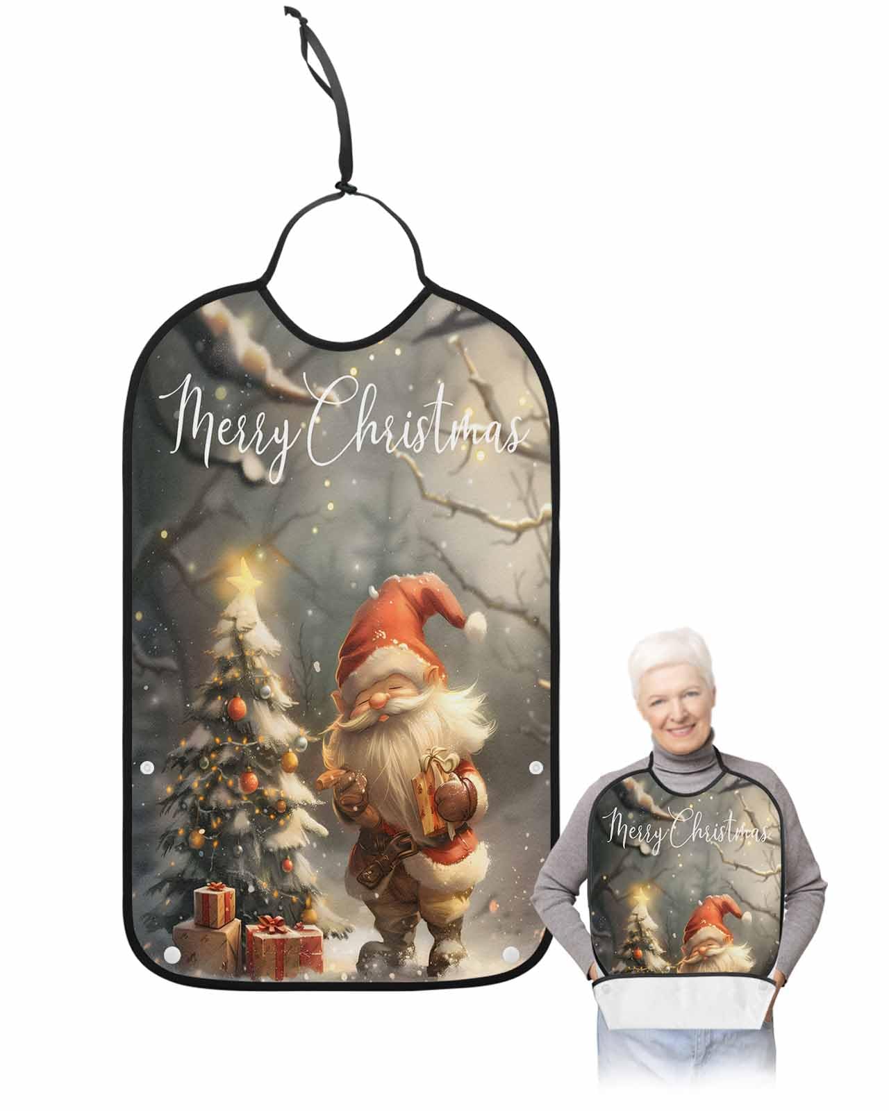 Onekaccu Christmas Adult Bibs for Elderly Women Men Washable Bibs for Eating, Cartoon Gnomes Forest Retro Cabin Snow Scenery Waterproof Clothing Protectors Adult Bibs with Crumb Catcher