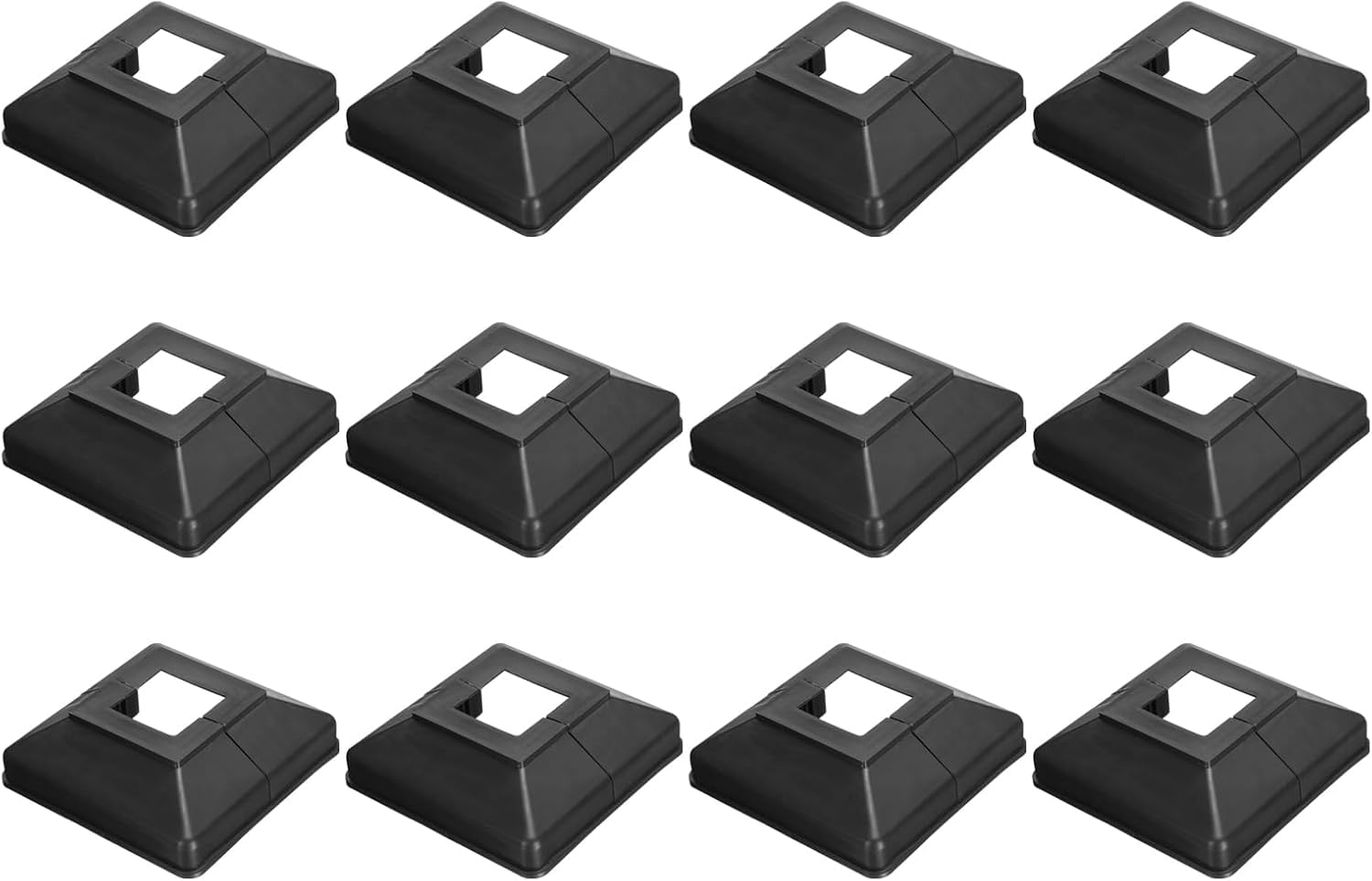 12 Pack Square Split Post Base Covers, 1.22 Inch Plastic Fence Post Skirts, Black Flange Base Shoes for Deck Railing, Porch, Patio, Stairs, Mailbox Posts
