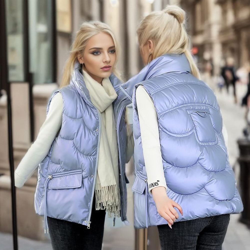 Gilet E Smanicati da Donna, Gilet Trapuntato con Colletto alla Coreana Lucido Abbigliamento Invernale Gilet Imbottito più Caldo Gilet Corto Senza Maniche alla Moda Gilet Imbottito per Esterni Capis