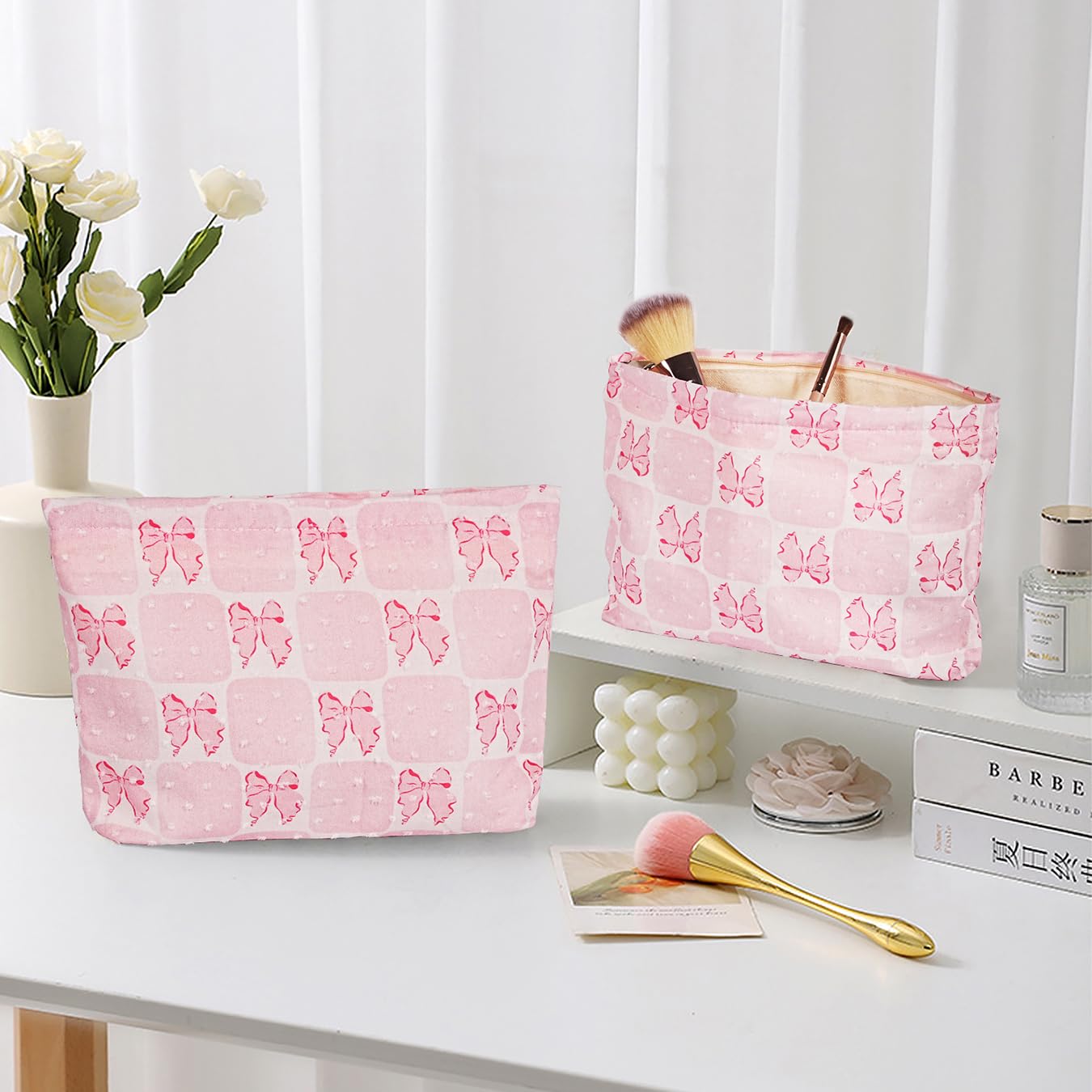 Large Makeup Bag for Purse Pink Grid Bow Cosmetic Bag for Women Girls Cute Pink Bowknot Canvas Travel Toiletry Bag Organizer - Image 2