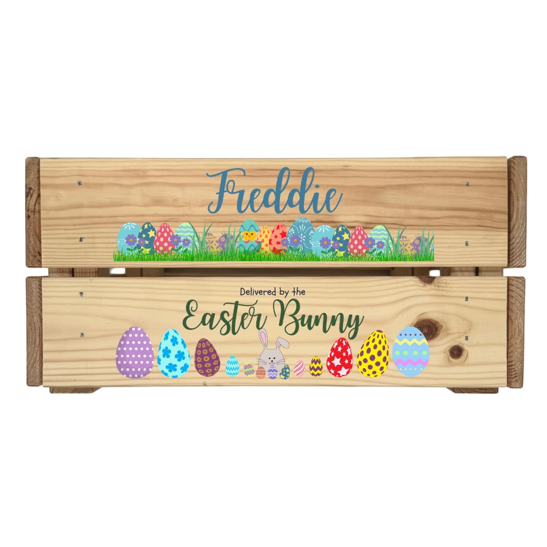 Second Ave Gift Company Blue Second Ave Personalised Easter Bunny Wooden Crate Box Easter Egg Treat Children Hamper Gift