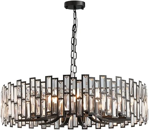 Miniatura 4 de LOVEDIMA Candelabro negro, cristal redondo de 10 luces de altura ajustable para comedor, dormitorio, sala de estar, vestíbulo, isla de cocina