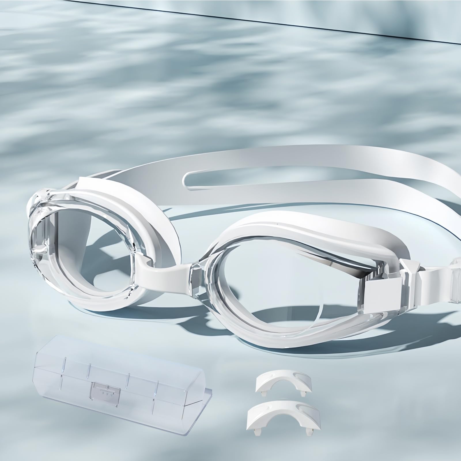 Vyloky Swimming Goggles with Optical Prescription (-1.5 to -7.0), Anti-Fog Coating, Soft Silicone, Panoramic Vision (White, -3.0)