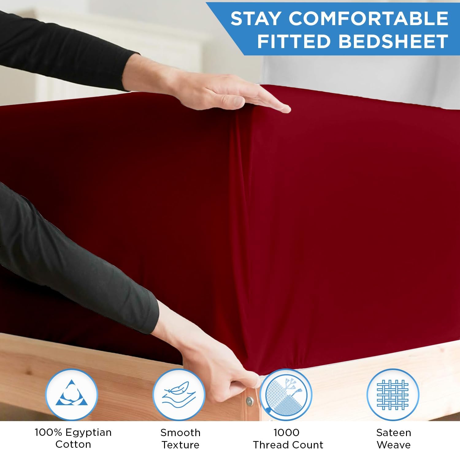 Marina Shades High Thread Count Deep Pocket Sheets California King Size Burgundy 100% Egyptian Cotton Hotel Luxury Fitted Bed Sheet Fits Upto 17" Deep Mattress Comfy Elastic Bottom Sheet Only