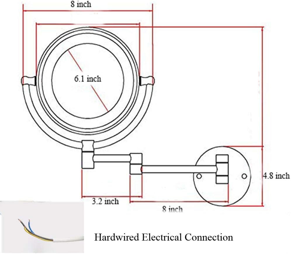 Wall Mounted Makeup Mirro with LDE Lights, Magnifying Wall Bathroom Mirror with Hardwired Electrical Connection, Two-Sided Extendable, 360 Degree Swivel, Extendable Arm
