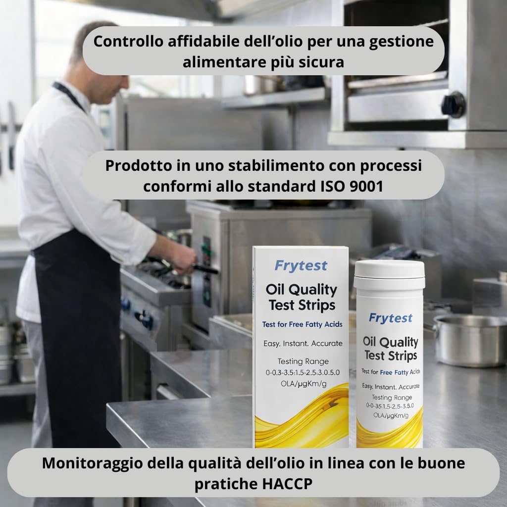 Strisce Test Olio Frittura FFA – Misuratore Acidità Olio (anche Olio di Oliva) – Controllo Qualità HACCP – 100 Strisce – Produzione Certificata ISO 9001