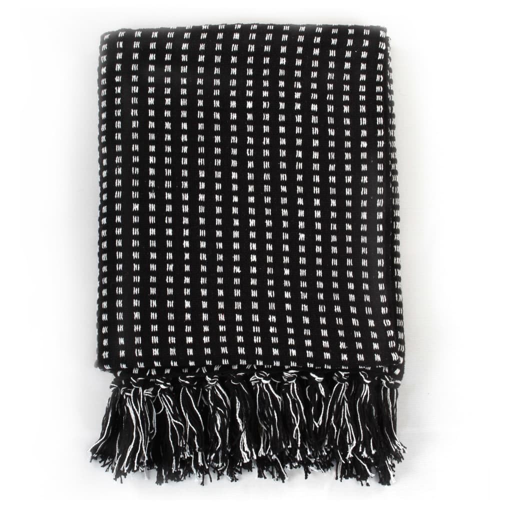 Plaid de algodón negro 220 x 250 cm con borlas | Lavable a máquina a 40 °C, tacto suave, sofá y cama, diseño moderno