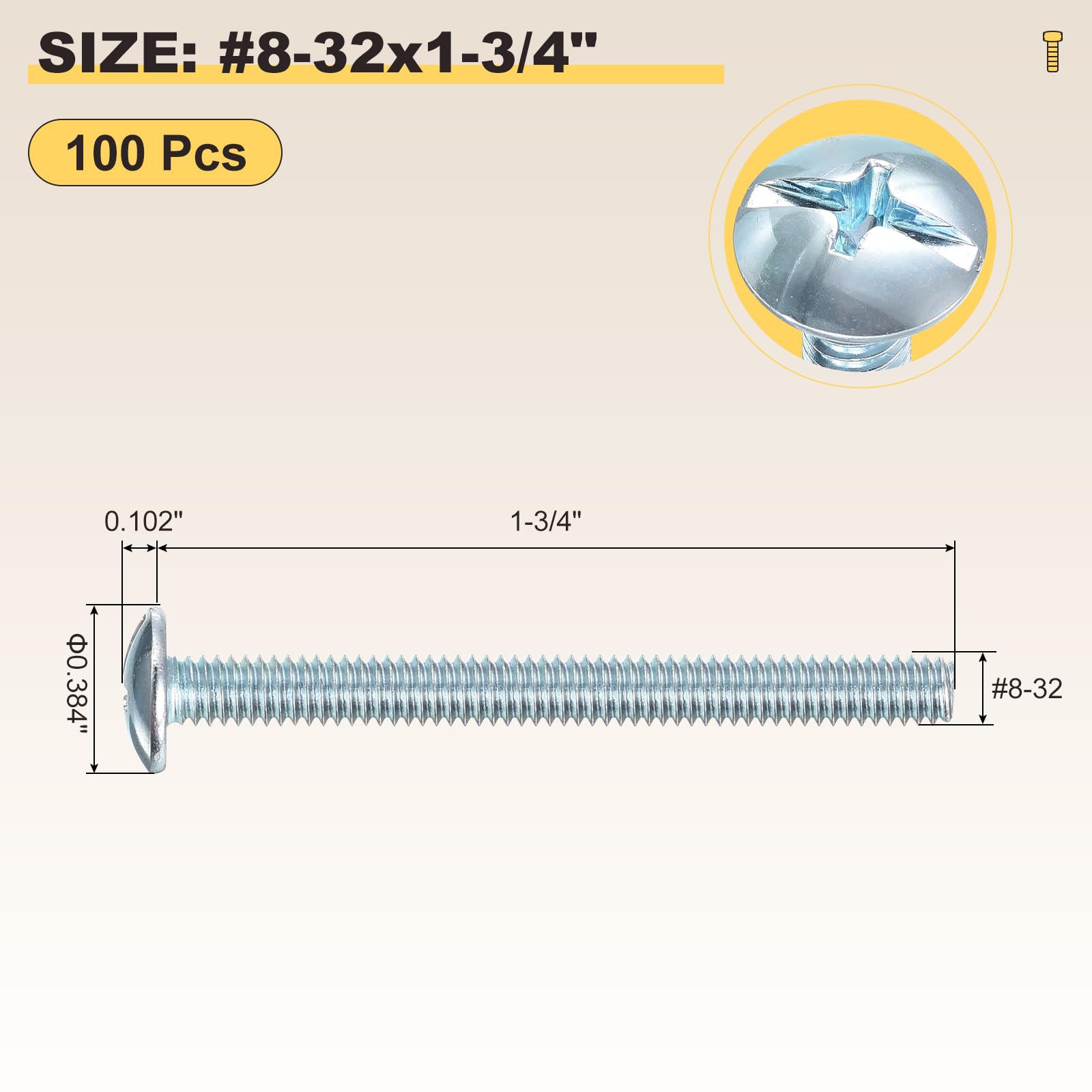 METALLIXITY Machine Screws Phillips Combo Head(#8-32x1-3/4") 100Pcs, Carbon Steel Round Head Cross Drive Furniture Bolts - Image 2
