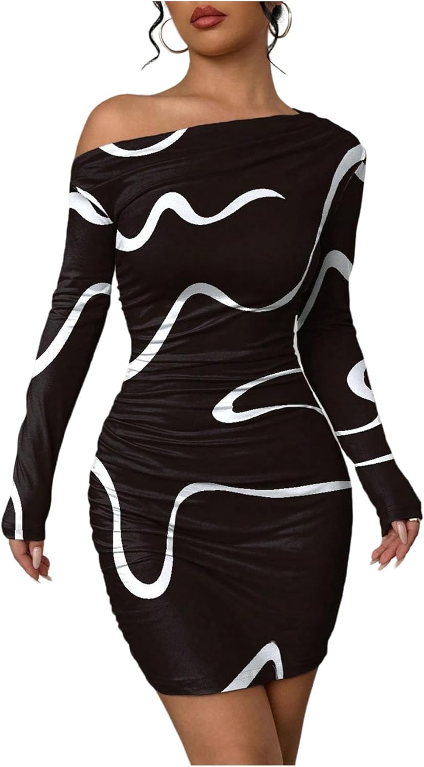 SOLY HUX Women's Off The Shoulder Bodycon Mini Dress Printed Asymmetrical Neck Long Sleeve Ruched Dresses