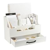 White Wooden Desk Organizer with Drawer – Office Desk Caddy for Supplies and Accessories – Stylish Desktop Storage for Women