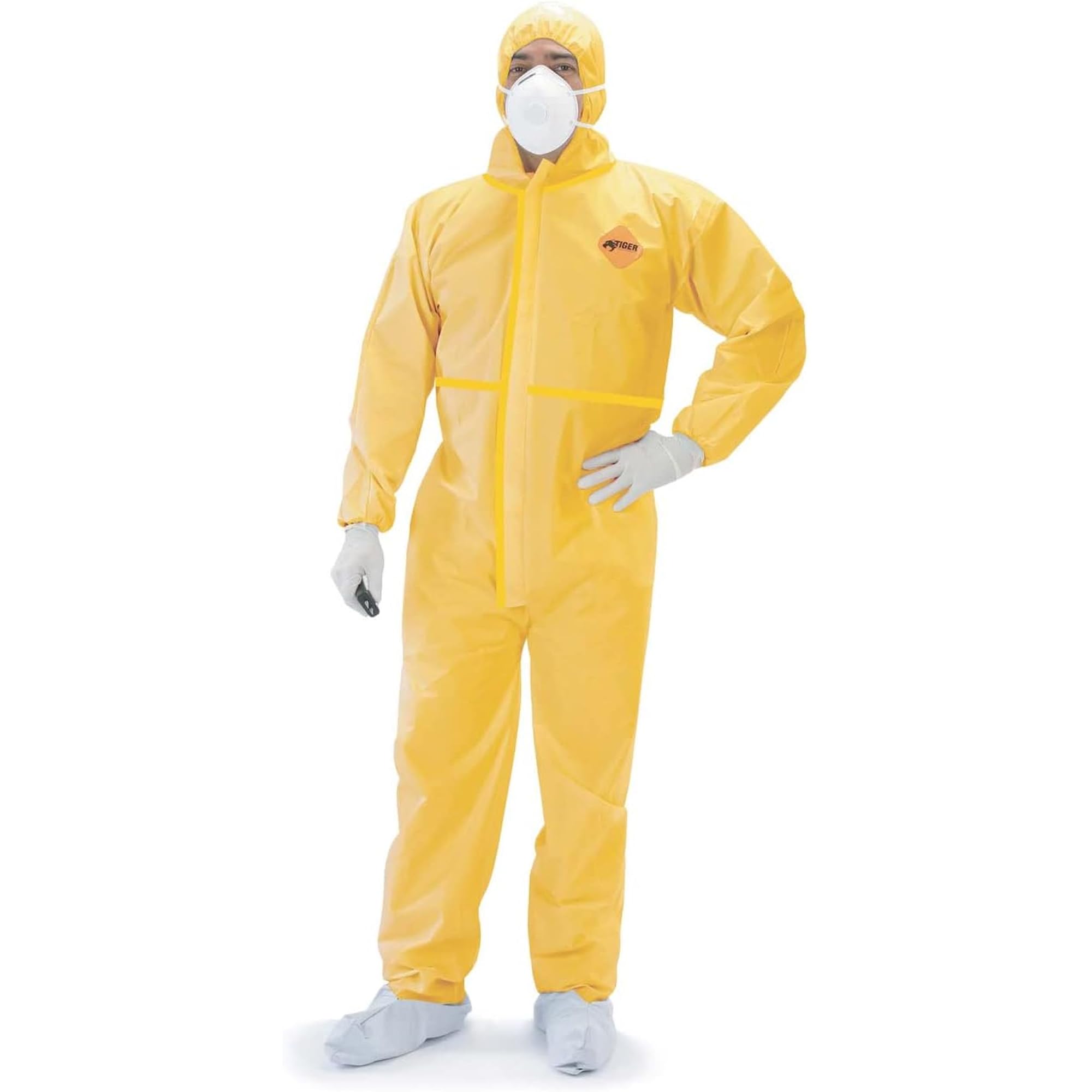 Tiger Tough Chemical Protection Coveralls, Yellow Disposable Hazmat Suit for Men & Women with Hood & Zipper