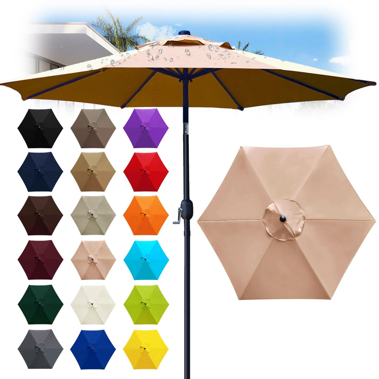 6 Ribs Outdoor Umbrella Canopy Replacement - Replacement Parasol Fabric Cover - 6.6/8.2/8.9/9.8ft Umbrella Cloth - Not umbrella frame - for Garden, Patio, Yard, Beach, Market(Champagne,6 ribs: 2m/6.6f