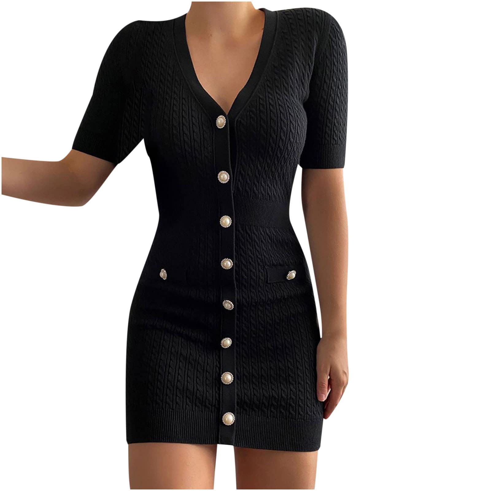 xinxinyuSummer Dresses for Women UK V Neck Sexy Short Sleeve Dress Knitted UK Elegant Slim Dress A-Line Ruched Dress Modest Dresses for Women Dresses Mature Woman Birthday Gifts