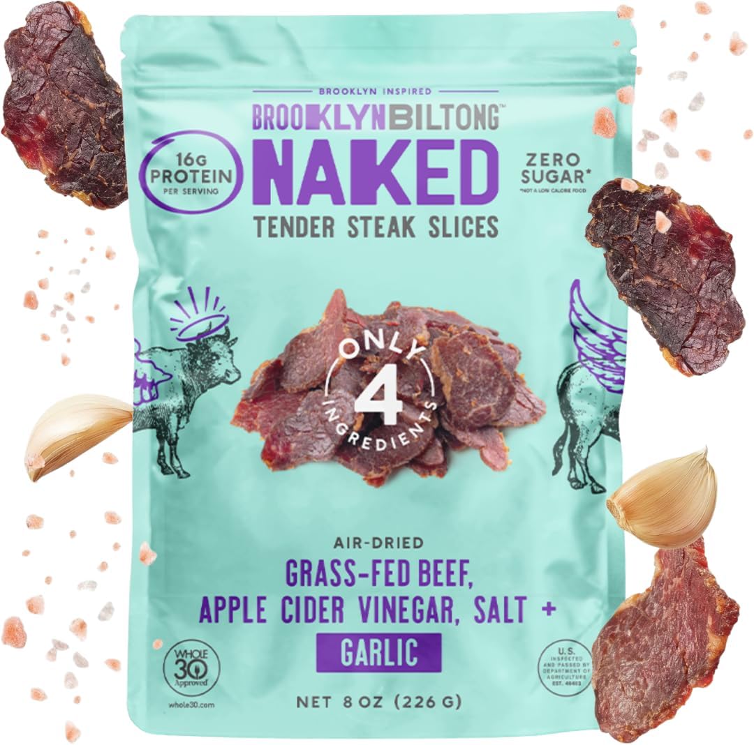 Brooklyn Biltong Air Dried Grass Fed Beef Snack, South African Beef Jerky (8 oz, Pack of 1) - Whole30 Approved, Paleo, Keto, Gluten Free, Sugar Free, Made in USA - (Garlic)