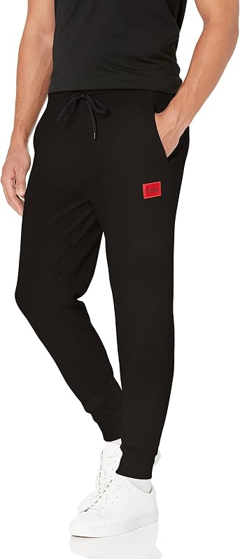 HUGO Boss Mens Regular Fit Square Logo Jersey Drawstring Joggers Sweatpants, Raven Black, X-Large US