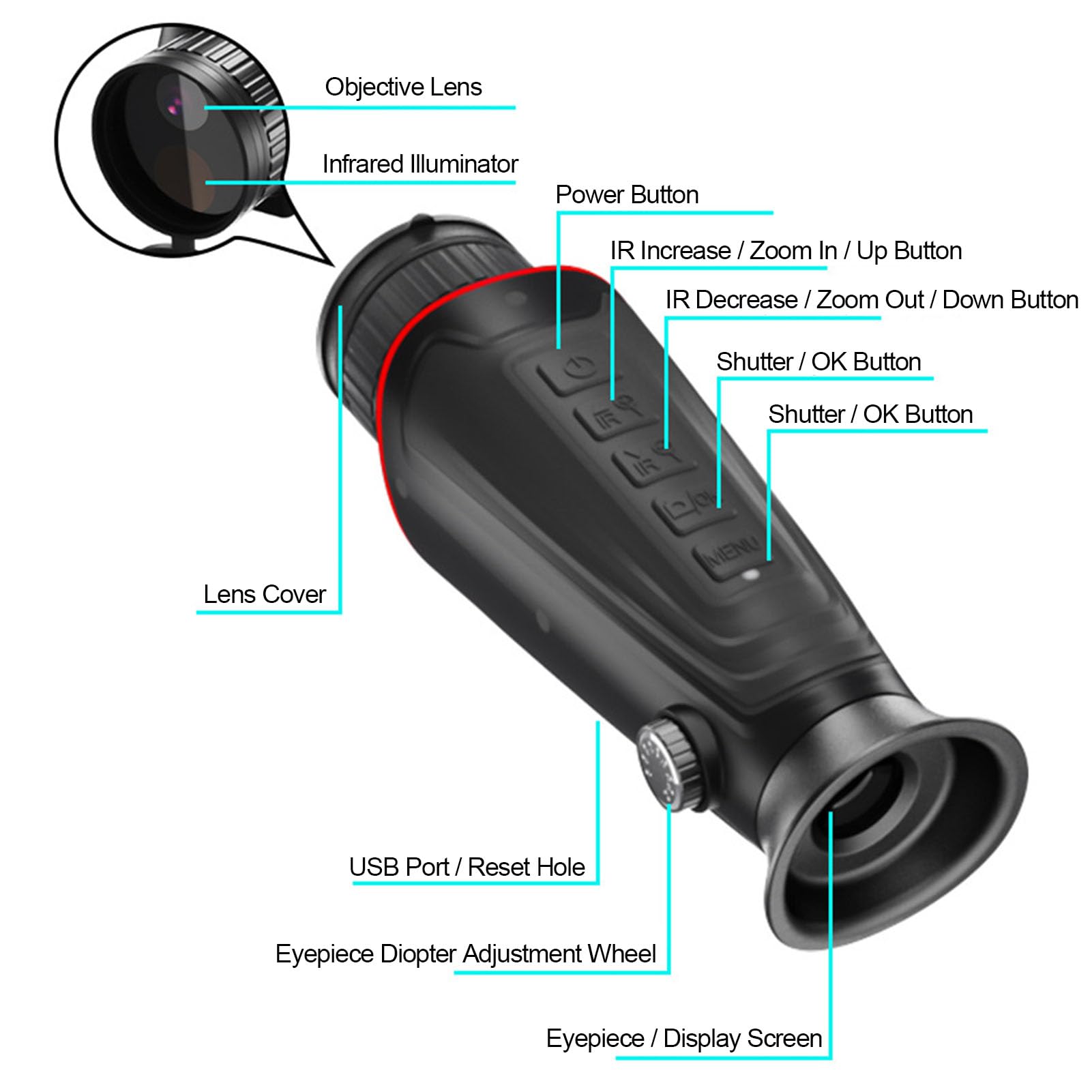 4K Monoculaire Thermique, Lunette Vision Nocturne Chasse, 300m Portée de Détection, Zoom Numérique 8X, 32 Go de RAM pour L'exploration en Extérieur, L'observation de La Faune