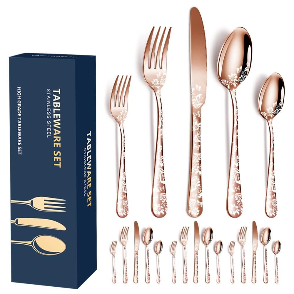Aoresac Juego de Cubiertos 4 Personas,20 PCS Juego de Cubiertos de Acero Inoxidable Patrón Pulidos Con Espejo de Flores Incluye Cuchillo, tenedor para Cocina Restaurante Fiesta(Oro rosa)