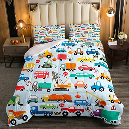 Feelyou Cartoon Car Comforter Teens Cartoon Transportation Car Decor Bedding Set for Kids Boys Girls Truck Bus Taxi Comforter Set Vehicles Blue Quilt Set Bedroom Collection 2Pcs Twin Size