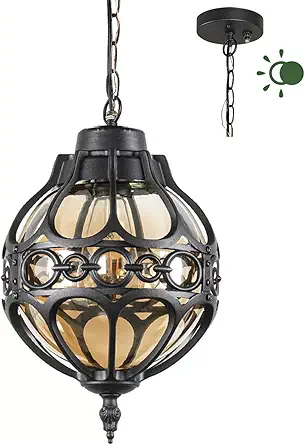 Dusk to Dawn Outdoor Pendant Lighting for Porch, Black Aluminum Anti-Rust Hanging Lights Fixture, Adjustable Globe Outside Lantern Ceiling Mount, Industrial Exterior Chandelier, Amber Glass