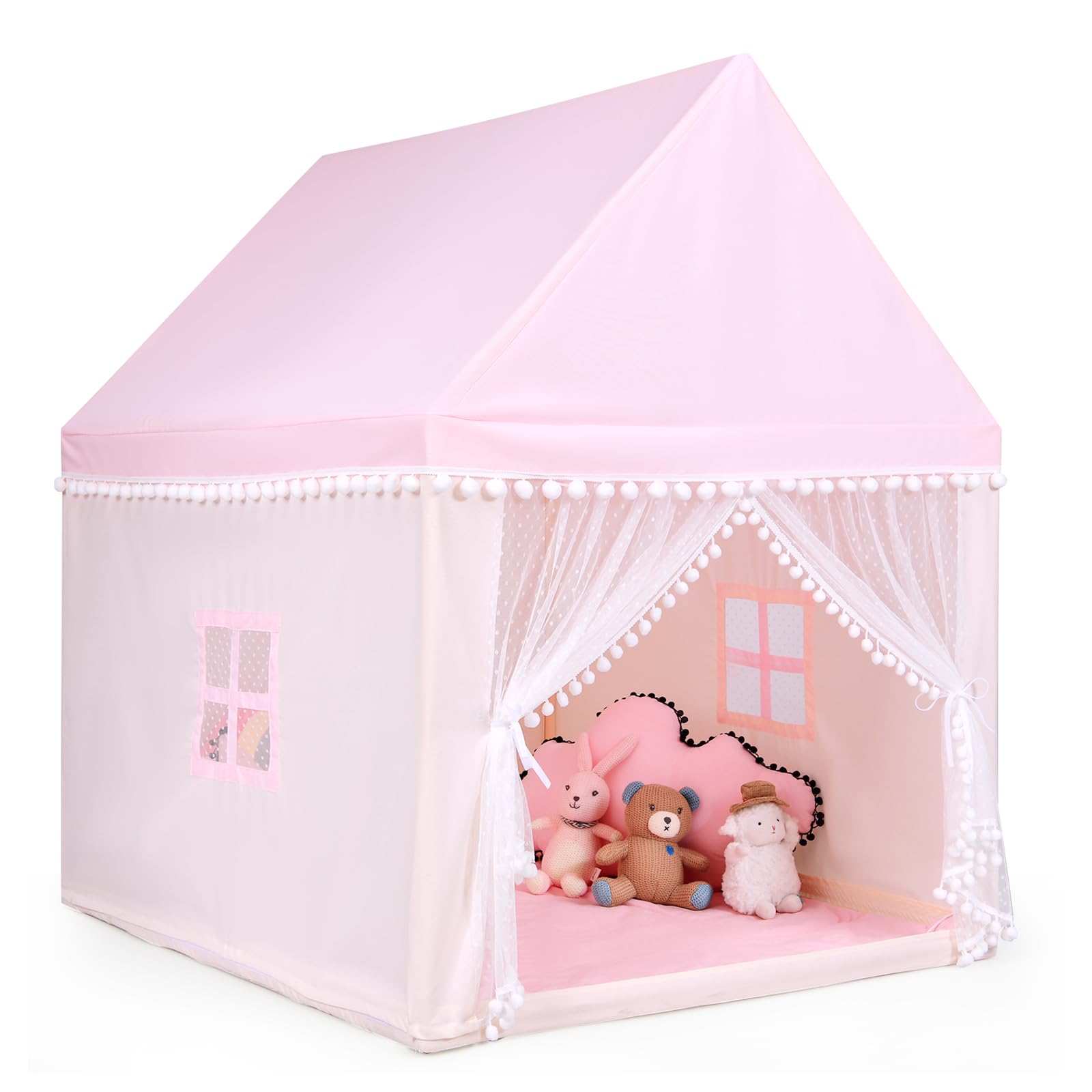 COSTWAY Kids Play Tent, Wood Frame Large Playhouse with Washable Mat and Windows, Indoor Outdoor Castle Fairy Tents for Children Boys & Girls Gift (Pink)