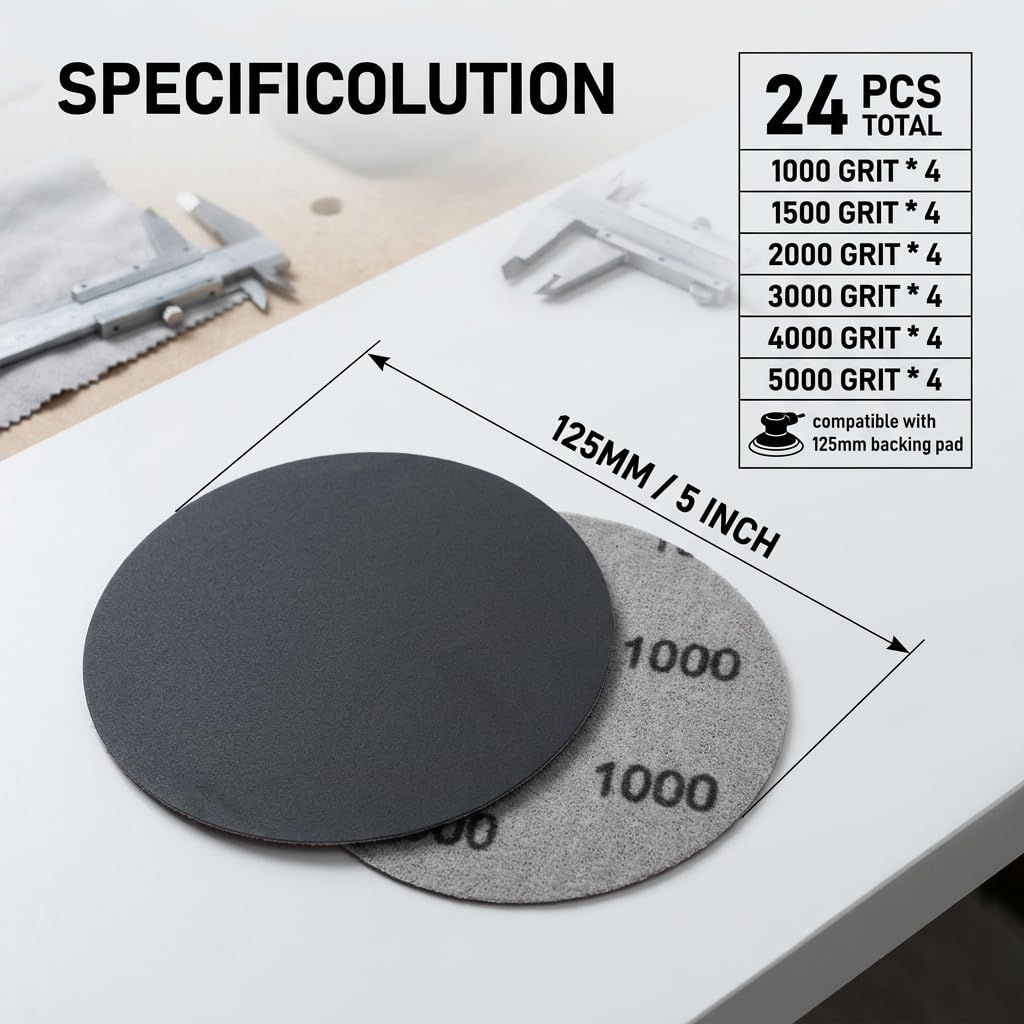 24 Pezzi Dischi Abrasivi 125mm 5 Pollici, Grana 1000/1500/2000/3000/4000/5000 Carta Vetrata Asciutti e Bagnati, Dischi per Levigatura Lucidatura Auto Metallo Legno