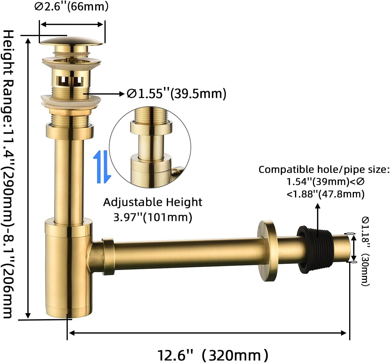 Bathroom Sink Stopper P-Trap Complete Set Adjustable Bottle Trap Solid Brass Sink Drain Kit Tube and Pop Up Drain Stopper Set with Overflow, Brushed Gold