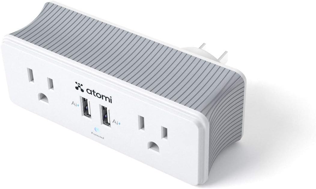 Atomi Rotating Mini Surge Protector 2-Port USB/2 Wall Outlet Charger, White