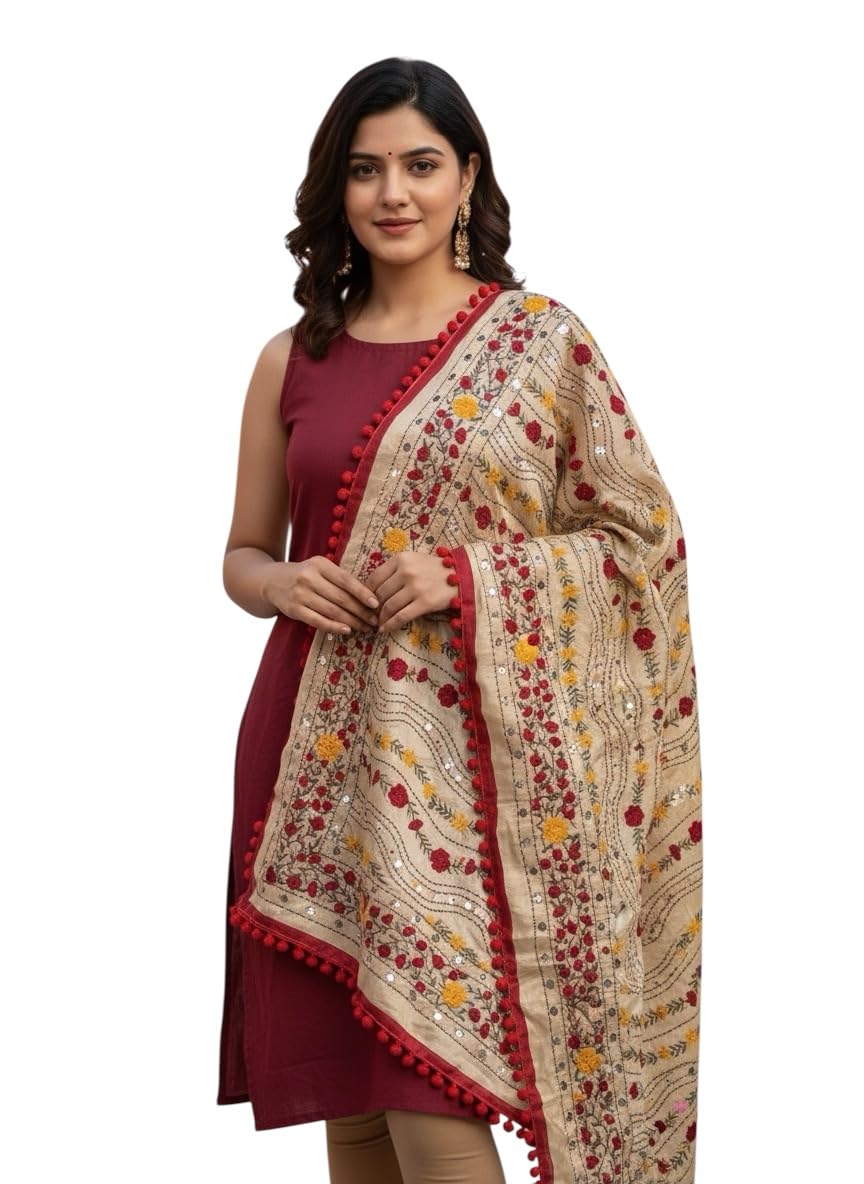 Traditional Kantha Work Dupatta, Hand Embroidered, Beige with Red and Yellow Floral Design, Pom-Pom Border-picture-15