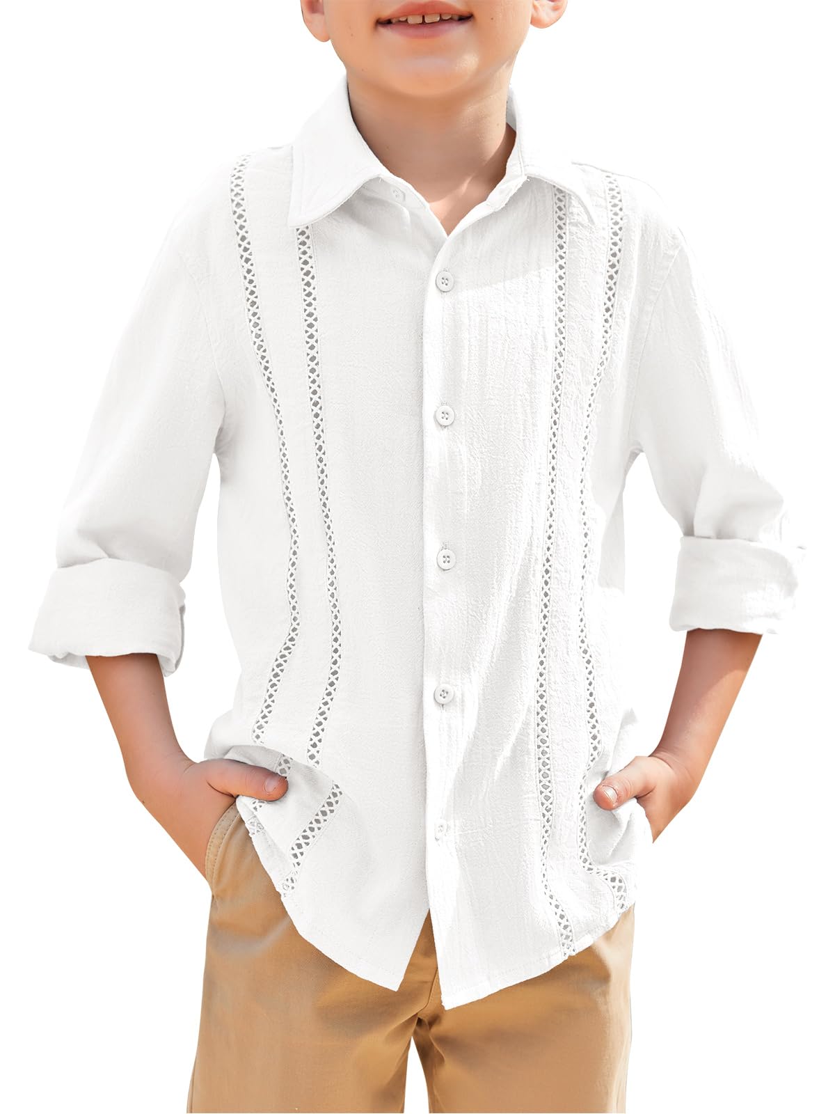 Haloumoning Boys Cuban Guayabera Shirt Kids Fashion Button Down Long Sleeve Shirts 5-14 Years