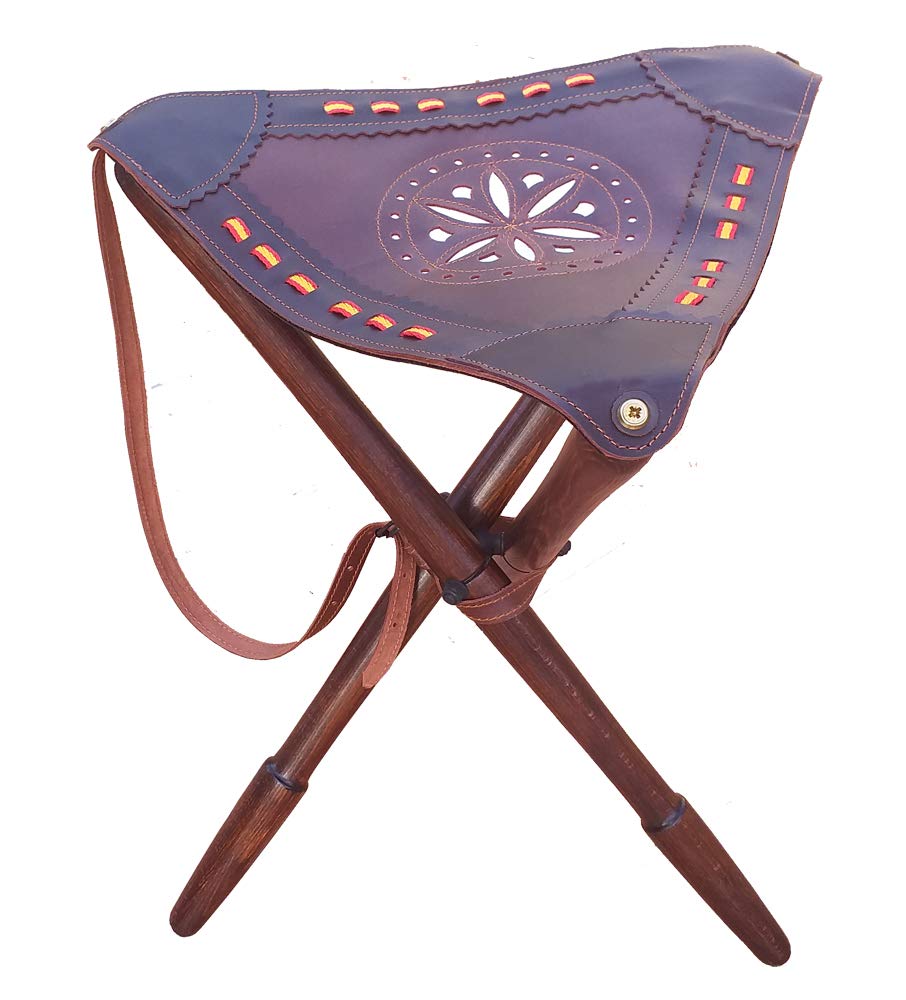 Tiendas LGP- Caza- Silla trípode con Asiento en Cuero con Detalles de la Bandera de España y Patas torneadas en Madera de Haya