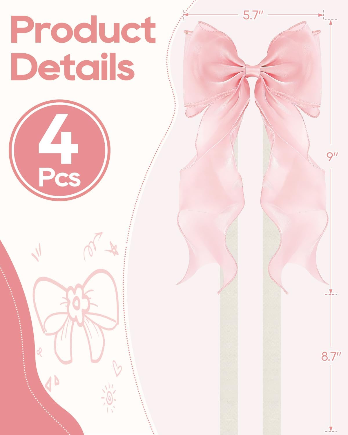 4 Pack French Silky Bow Curtain Tiebacks, Pink Bow Curtain Tiebacks, Drapery Tiebacks for Windows, Girls Room Bedroom Decor, Wedding & Party Home Accessories