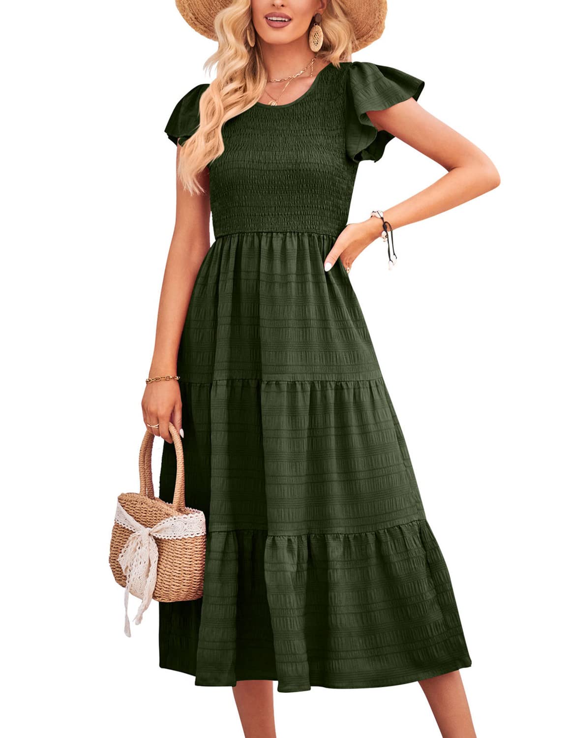 QUNERY Vestido Mujer Casual Midi Vestidos Manga Larga con Cuello en Redondo Elegante Vestido